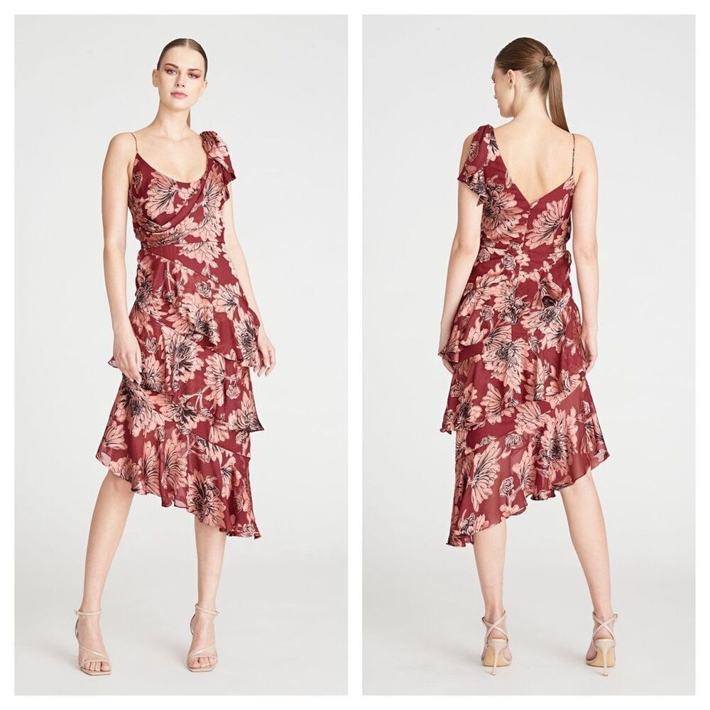 NEW THEIA Greta Cowl Cocktail Dress in Fig Sz‎ 12 Midi Tiered